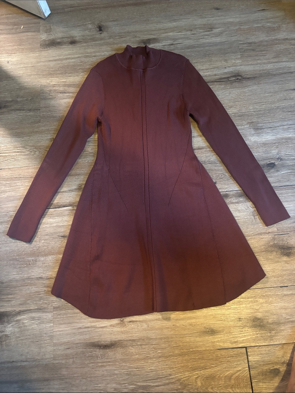 Long-Sleeve Fit-and-Flare Knit Dress in Deep Wine